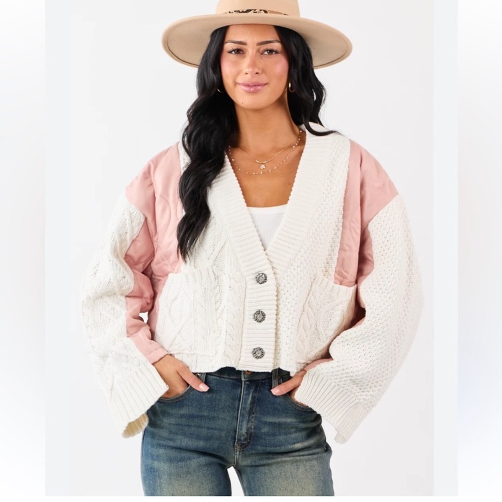 POL Women’s Cream and Dusty Rose Pink Knit Cardigan Sweater 💕 Sz M NWT